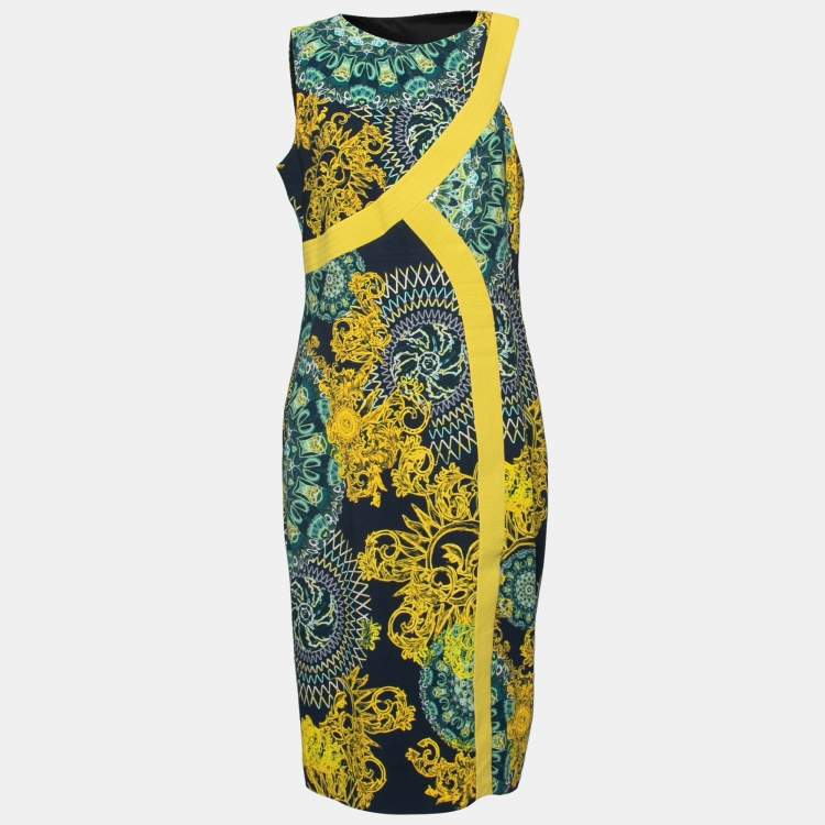 Pre Owned Versace Collection Dark Blue Baroque Print Crepe Midi Dress L