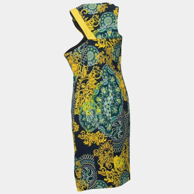 Pre Owned Versace Collection Dark Blue Baroque Print Crepe Midi Dress L