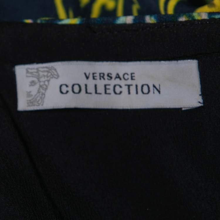 Pre Owned Versace Collection Dark Blue Baroque Print Crepe Midi Dress L