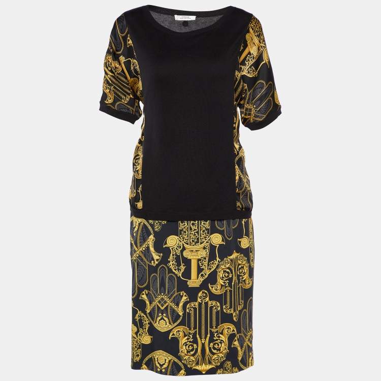 Pre Owned Versace Collection Black Printed Silk Knit Top & Crepe Pencil Skirt Set S