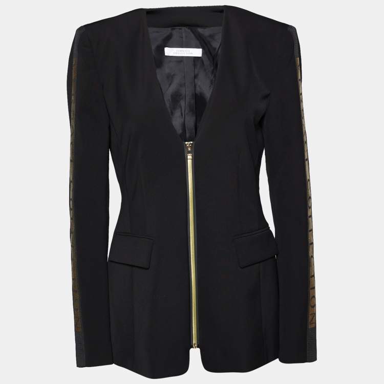 Versace Collection Black Crepe Logo Detail Zip Front Deep Neck Jacket M ...