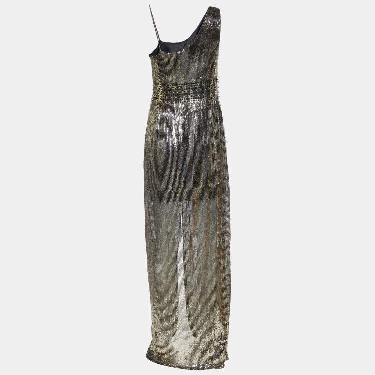 Pre Owned Versace Collection Gold Mesh Sequinned Slit Detail Gown L