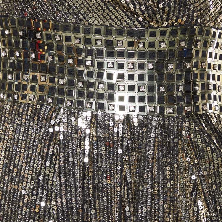 Pre Owned Versace Collection Gold Mesh Sequinned Slit Detail Gown L