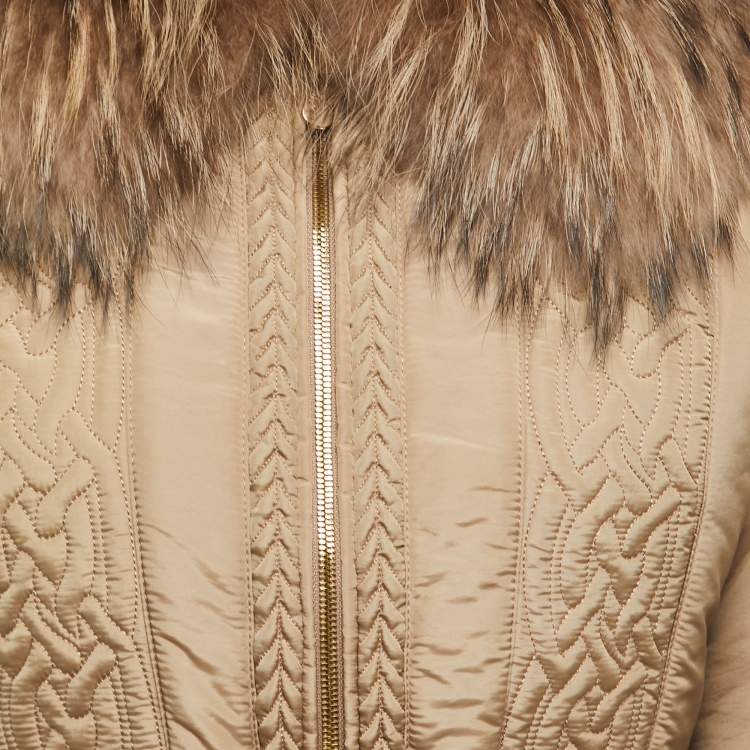 Pre Owned Versace Collection Beige Fur Trim Collar Belted Down Jacket M