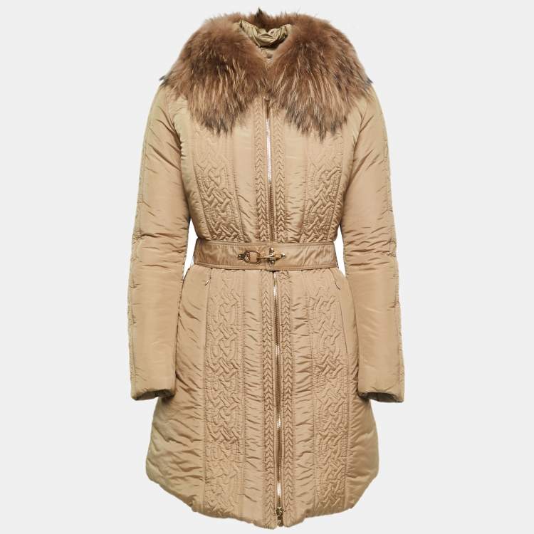 Pre Owned Versace Collection Beige Fur Trim Collar Belted Down Jacket M