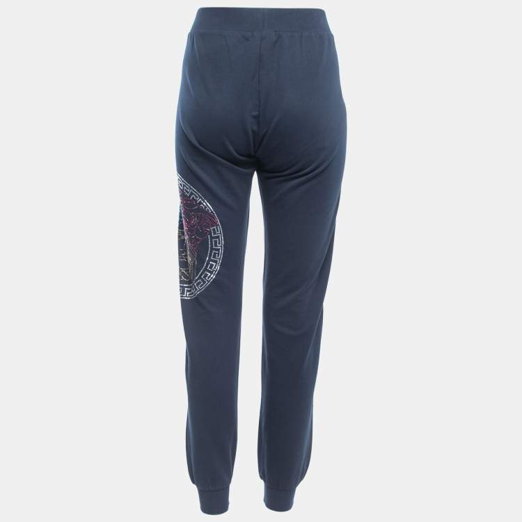 Pre Owned Versace Collection Navy Blue Logo Embellished Cotton Joggers XL 