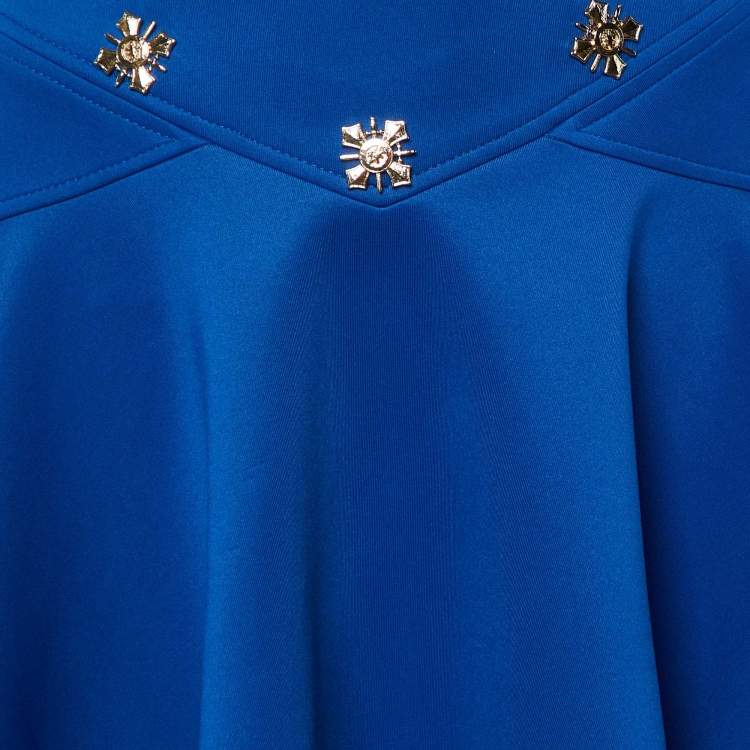 Pre Owned Versace Collection Blue Jersey Embellished Detail Flared Mini Skirt M