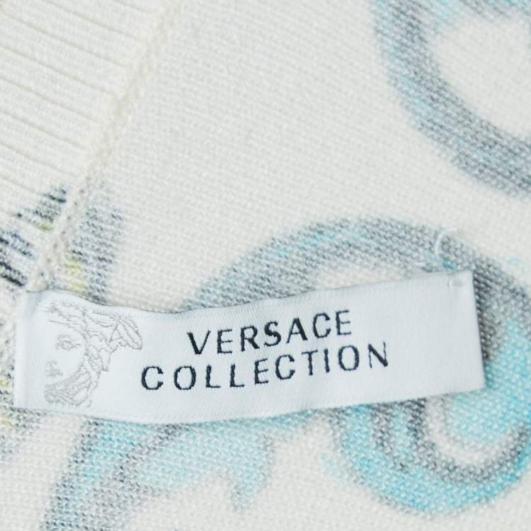 Pre Owned Versace Collection Cream Printed Knit Button Front Top M