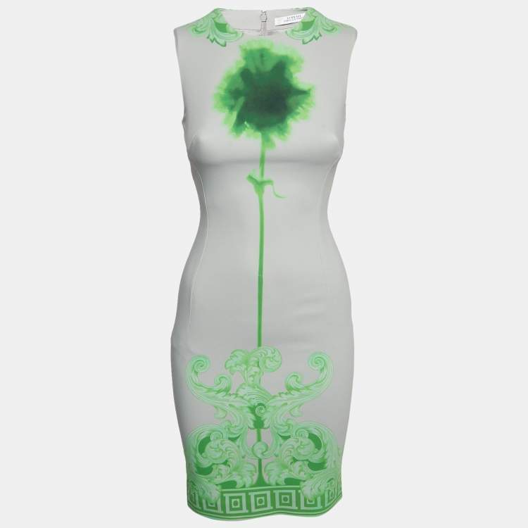 Pre Owned Versace Collection Grey/Green Printed Cotton Blend Sleeveless Sheath Dress S