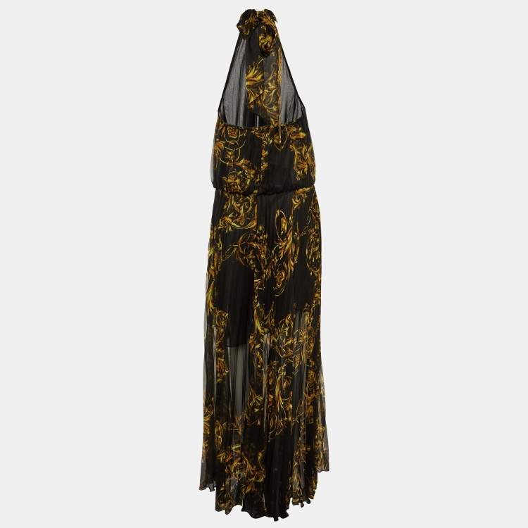 Pre Owned Versace Jeans Couture Black Printed Pleated Chiffon Halter Neck Maxi Dress M