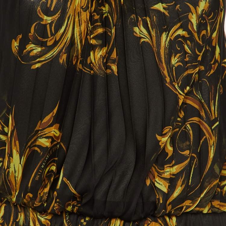 Pre Owned Versace Jeans Couture Black Printed Pleated Chiffon Halter Neck Maxi Dress M