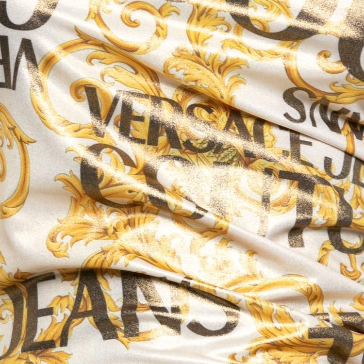 Pre Owned Versace Jeans Couture Metallic Baroque Print Stretch Synthetic One Shoulder Dress M