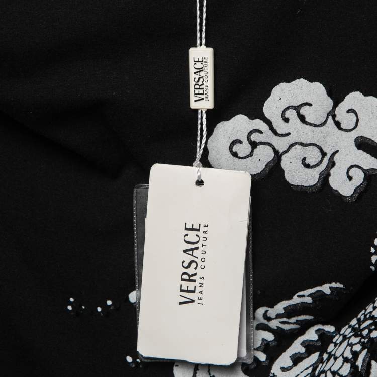 مملوكة مسبقًا Versace Jeans Couture Black Flocked Dragon Print Cotton Long Sleeve Top M