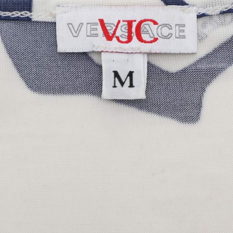 Pre Owned Versace Jeans Couture White/Blue Printed Jersey Round Neck Top M