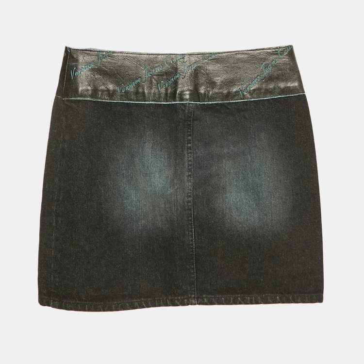 Pre Owned Versace Jeans Couture Black Washed Denim Leather Detail Mini Skirt M