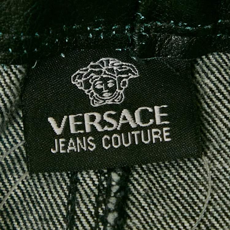 Pre Owned Versace Jeans Couture Black Washed Denim Leather Detail Mini Skirt M