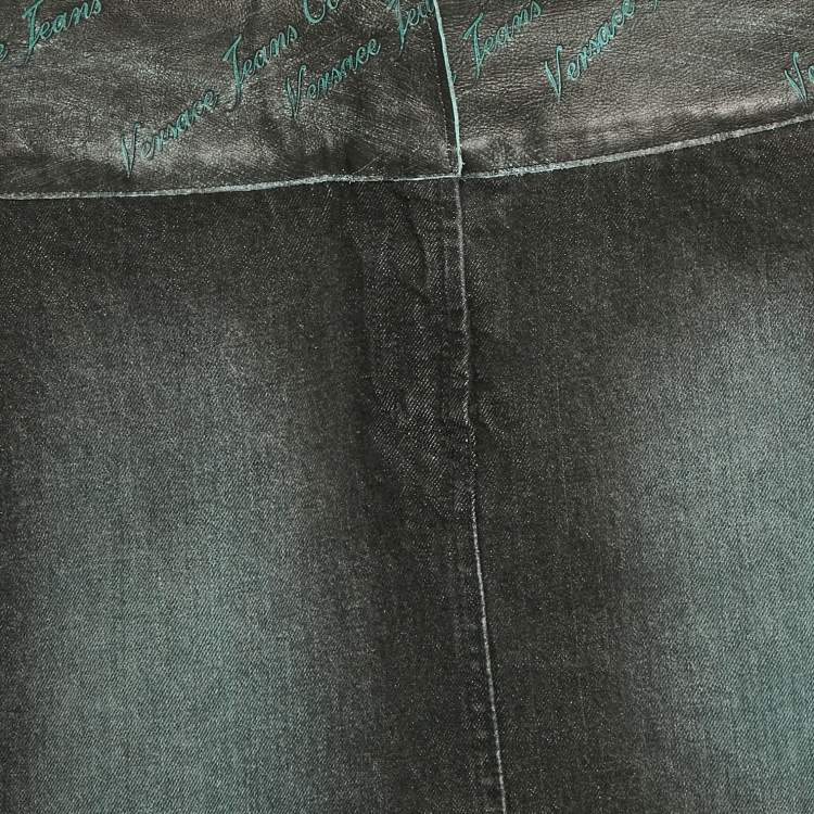 Pre Owned Versace Jeans Couture Black Washed Denim Leather Detail Mini Skirt M