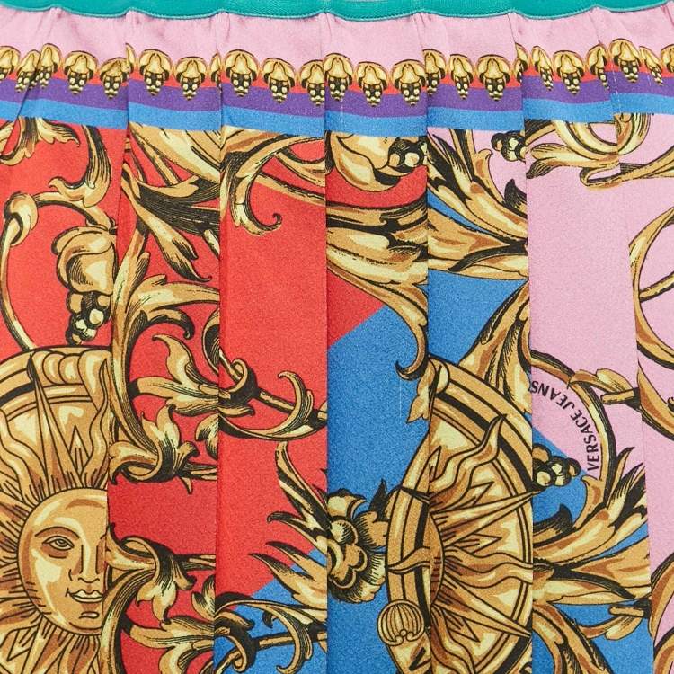 Pre Owned Versace Blue/Pink Garland Sun Print Satin Pleated Mini Skirt S