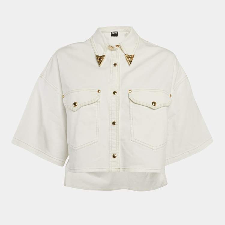 Pre Owned Versace Jeans Couture  White Denim Embellished Collar Crop Jacket M