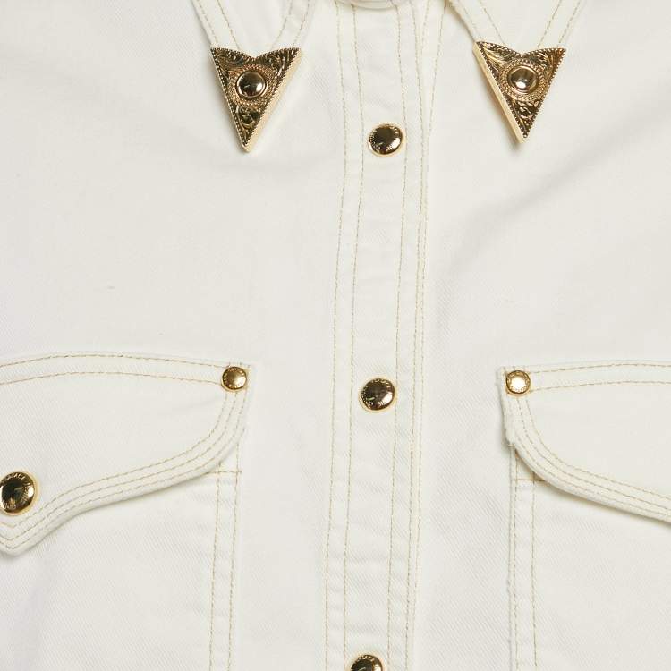 Pre Owned Versace Jeans Couture  White Denim Embellished Collar Crop Jacket M