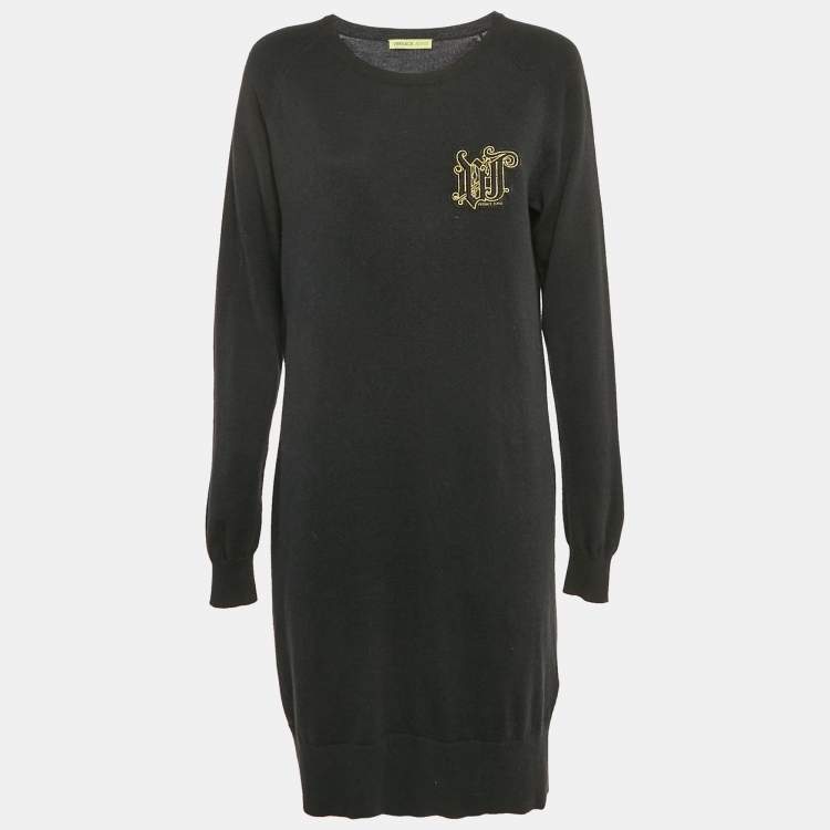 Pre Owned Versace Jeans Couture Black Logo Applique Detail Knit Mini Dress L