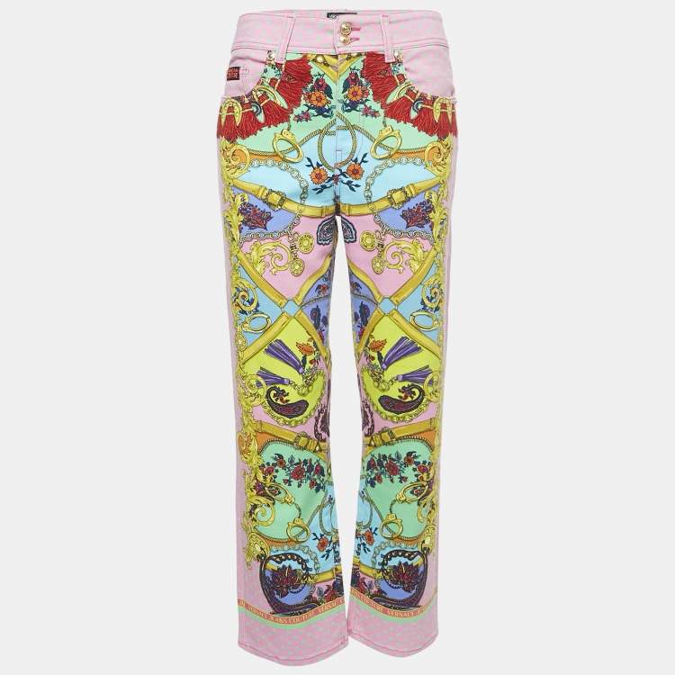 Pre Owned Versace Jeans Couture  Pink Printed Denim Straight Leg Jeans M Waist 28"