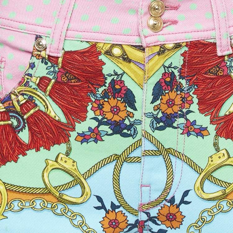 Pre Owned Versace Jeans Couture  Pink Printed Denim Straight Leg Jeans M Waist 28"