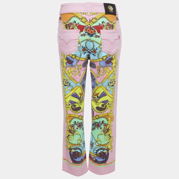 Pre Owned Versace Jeans Couture  Pink Printed Denim Straight Leg Jeans M Waist 28"