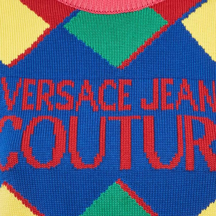 Pre Owned Versace Jeans Couture Multicolor Logo Cotton Knit Cropped Sweater XS