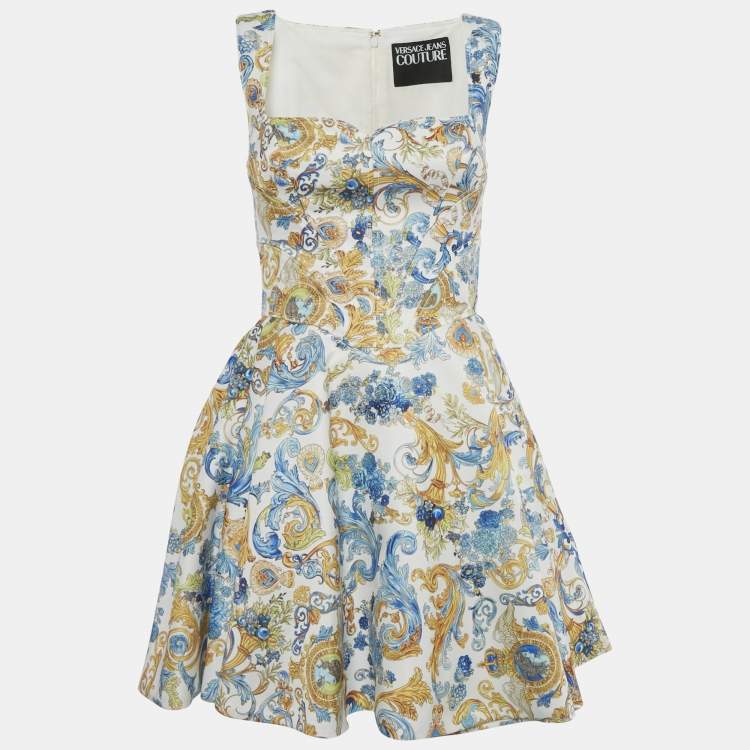 Pre Owned Versace Jeans Couture White Baroque Print Mini Sleeveless Dress S