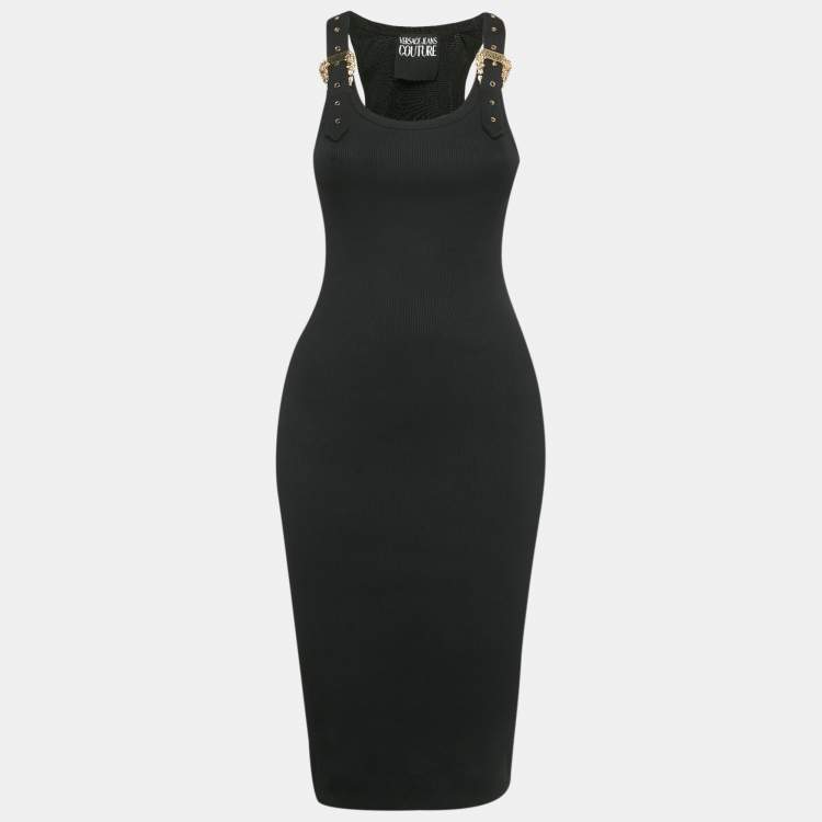 Pre Owned Versace Jeans Couture Black Rib Knit Buckle Detail Bodycon Dress M