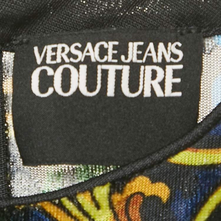 Pre Owned Versace Jeans Couture Black Baroque Mesh & Velvet Sheer Bodysuit S 