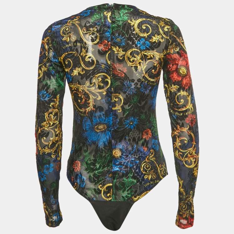 Pre Owned Versace Jeans Couture Black Baroque Mesh & Velvet Sheer Bodysuit S 