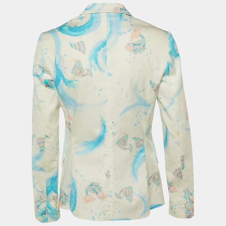 Pre Owned بليزر فيرساتشي جينز كوتور قطني أبيض بطبعة حياة بحرية مقاس متوسط - ميديم