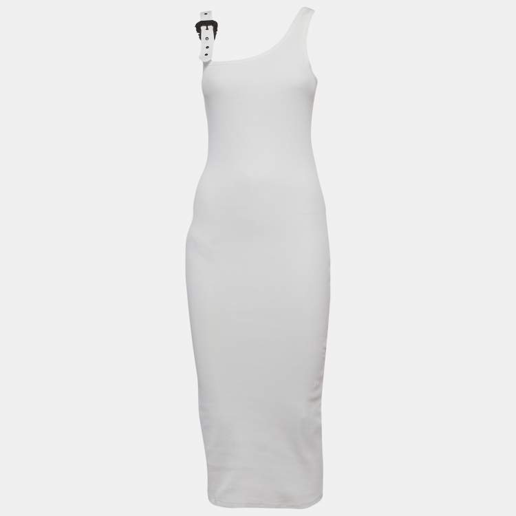 Pre Owned Versace Jeans Couture White Rib Knit Buckle Strap Midi Dress S