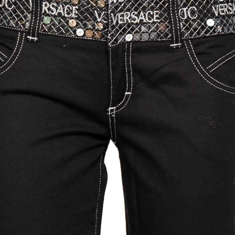 Pre Owned Versace Jeans Couture Black Denim Logo Embellished Cropped Pants M