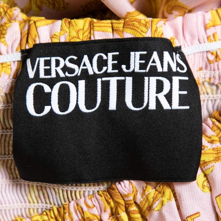 Pre Owned Versace Jeans Couture Pink Baroque Motif Satin Baby Doll Short Dress S