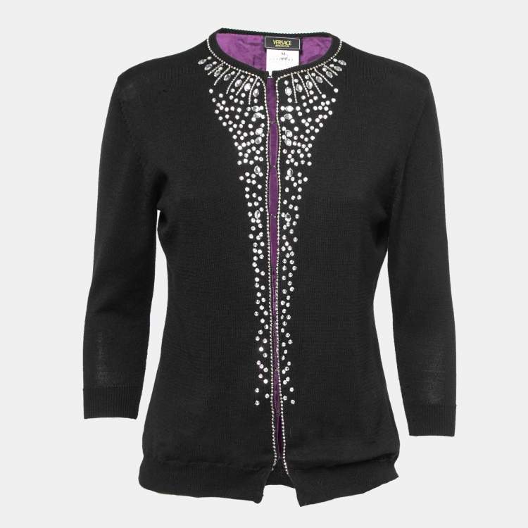 Pre Owned Versace Jeans Couture Black Knit Embellished Cardigan M