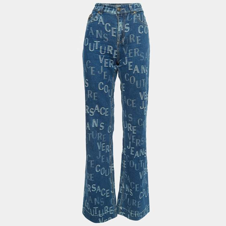Pre Owned Versace Jeans Couture Blue Logo Jacquard Denim Wide Leg Jeans L 