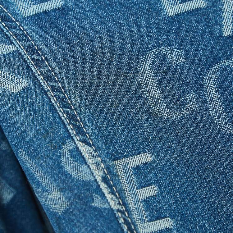 Pre Owned Versace Jeans Couture Blue Logo Jacquard Denim Wide Leg Jeans L 
