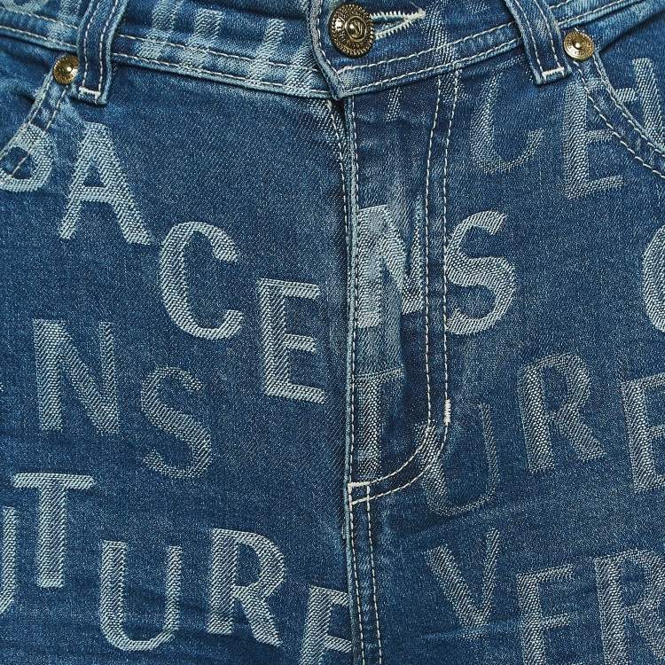 Pre Owned Versace Jeans Couture Blue Logo Jacquard Denim Wide Leg Jeans L 