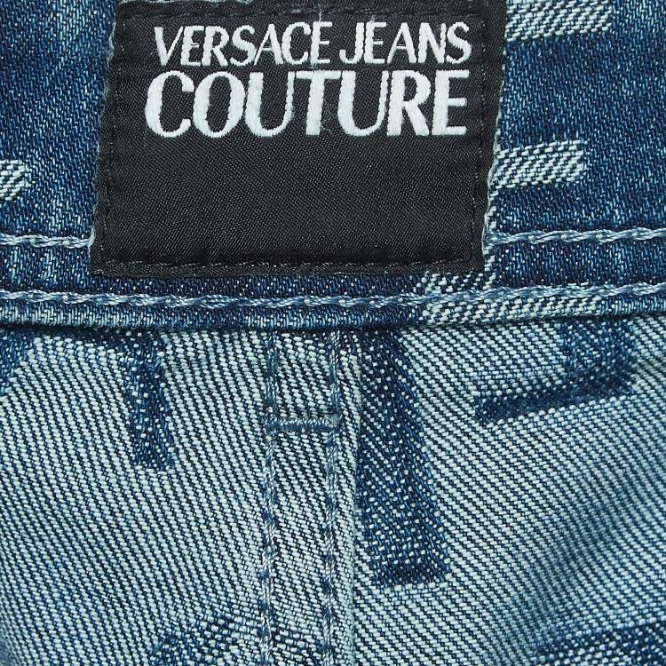 Pre Owned Versace Jeans Couture Blue Logo Jacquard Denim Wide Leg Jeans L 