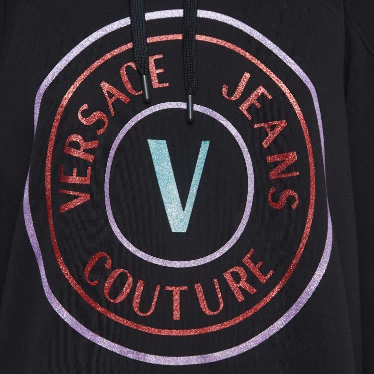 Pre Owned Versace Jeans Couture Black Logo Print Cotton Cold Shoulder Hooded Sweatshirt S