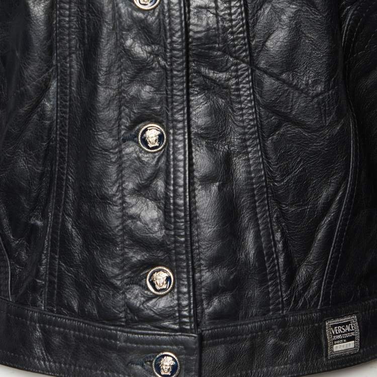 Pre Owned Versace Jeans Couture Vintage Black Leather Biker Jacket L