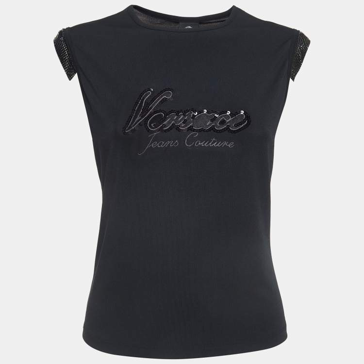 Pre Owned Versace Jeans Couture Vintage Black Logo Embroidered Jersey Sleeveless Top L