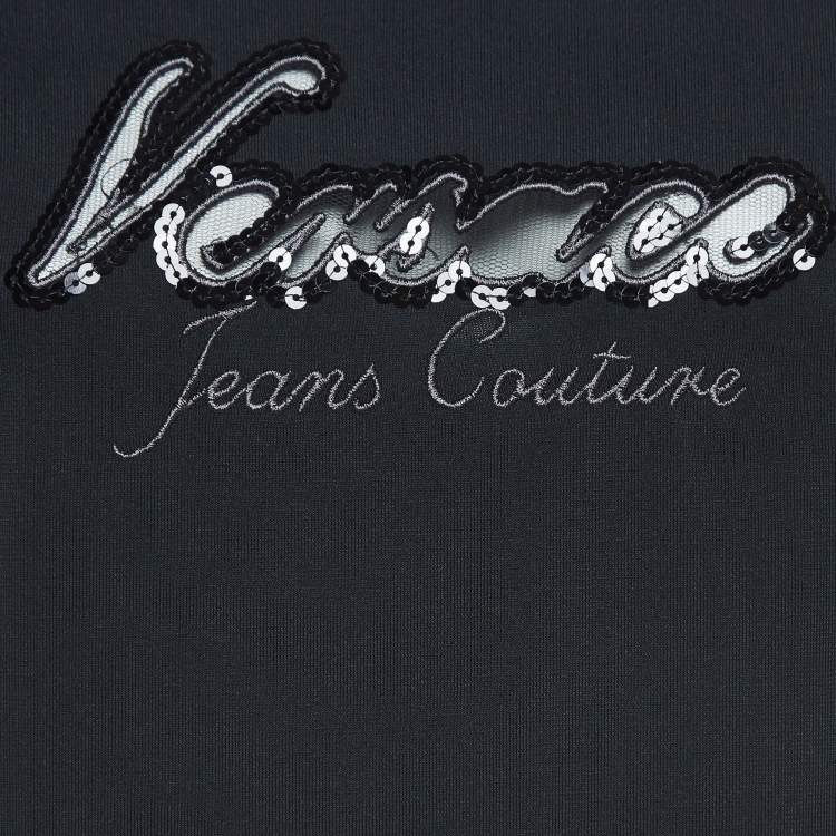 Pre Owned Versace Jeans Couture Vintage Black Logo Embroidered Jersey Sleeveless Top L