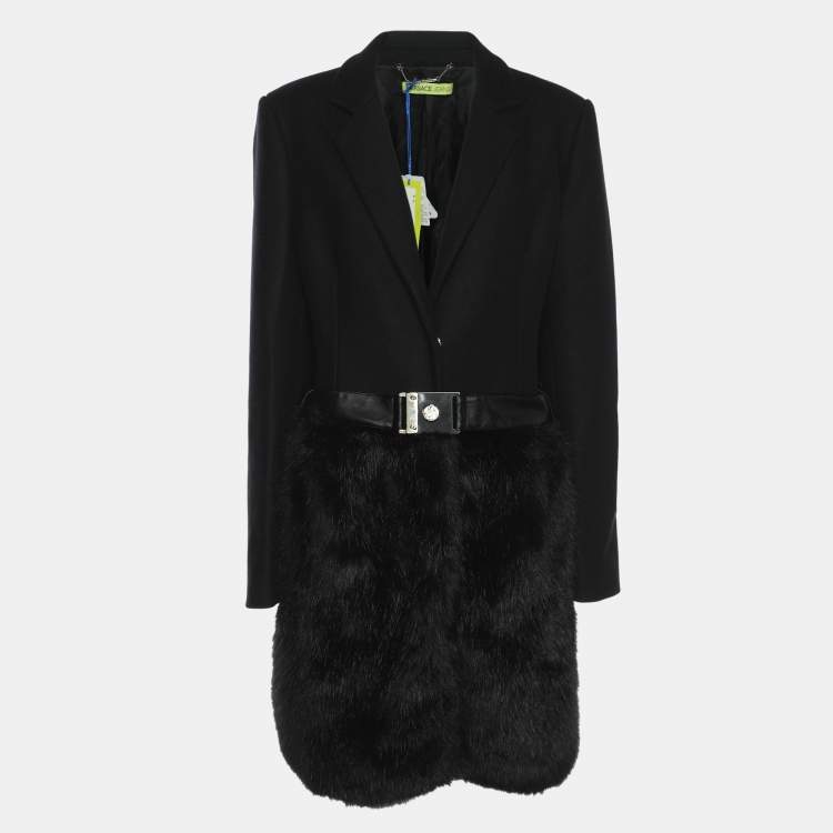 مملوكة مسبقًا Versace Jeans Black Wool Blend and Faux Fur Belted Blazer L