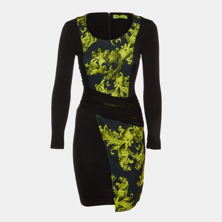 Pre Owned Versace Jeans Black Baroque Print Cady Ruched Bodycon Dress S