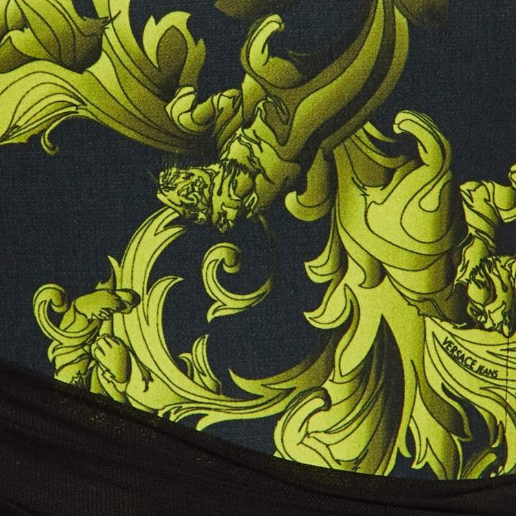 Pre Owned Versace Jeans Black Baroque Print Cady Ruched Bodycon Dress S