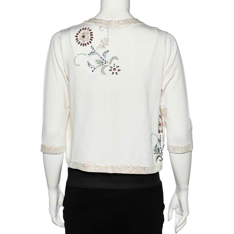 Pre Owned Versace Jeans Couture White Silk Knit Sequin Embellished Open Front Shrug L